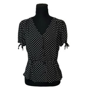 Tamara H Black White Polka Dot Peplum Blouse Women’s Small Tie Sleeve